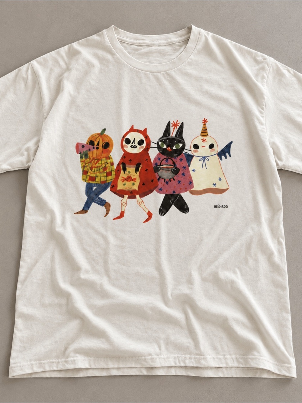 Gildan White Tee with Colorful Halloween Character Parade